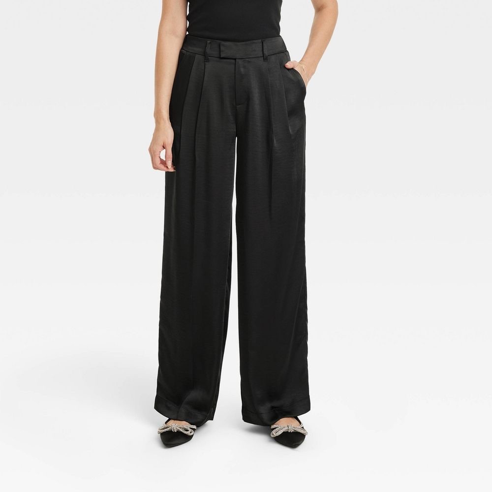 a new day | Black Satin Wide-Leg Women's Trousers